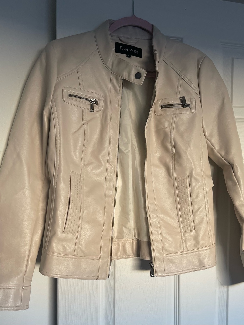 Women's Cream Faux Leather Moto Jacket